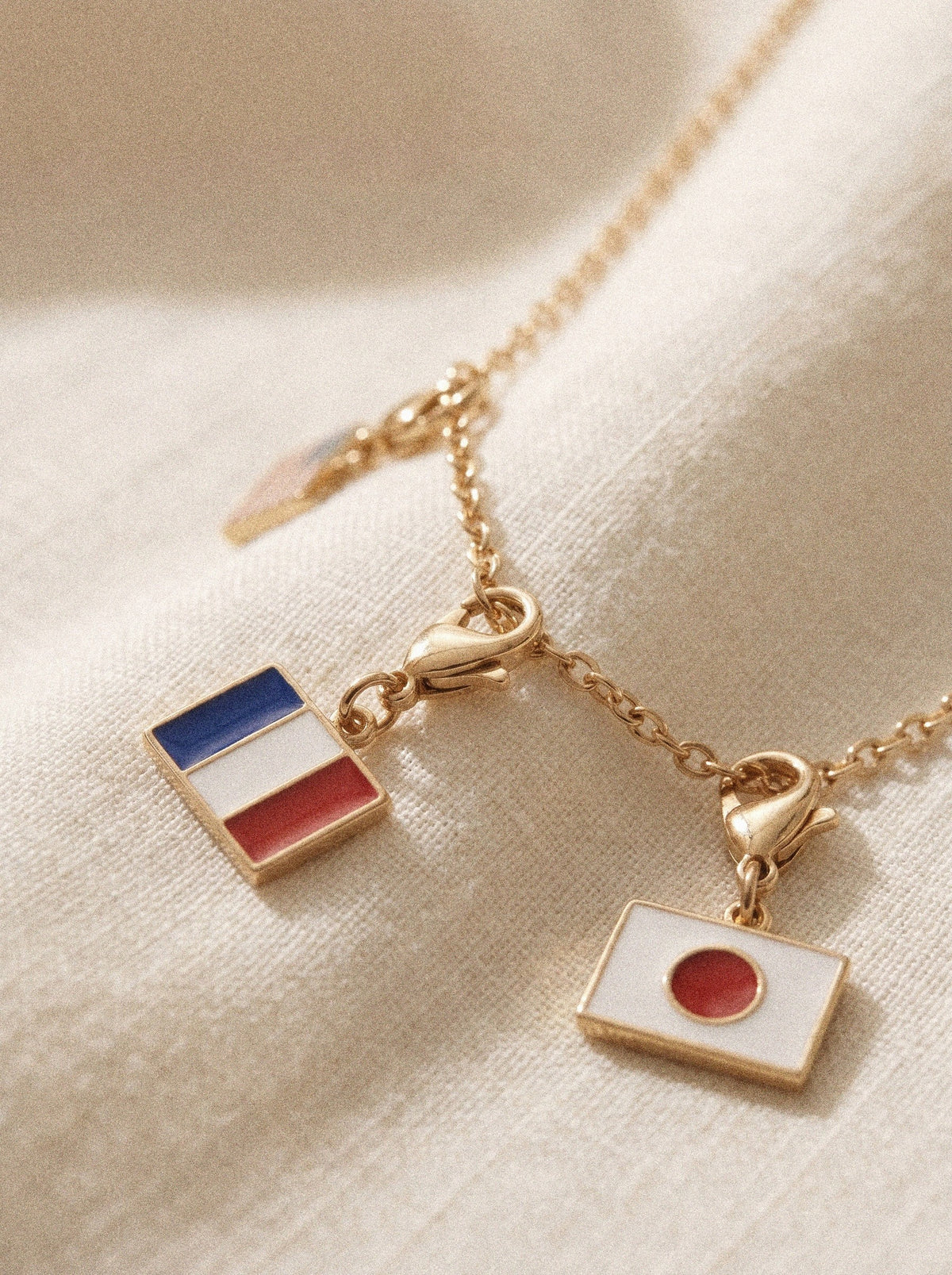 Gold — close-up of enamel flag charms and clasps